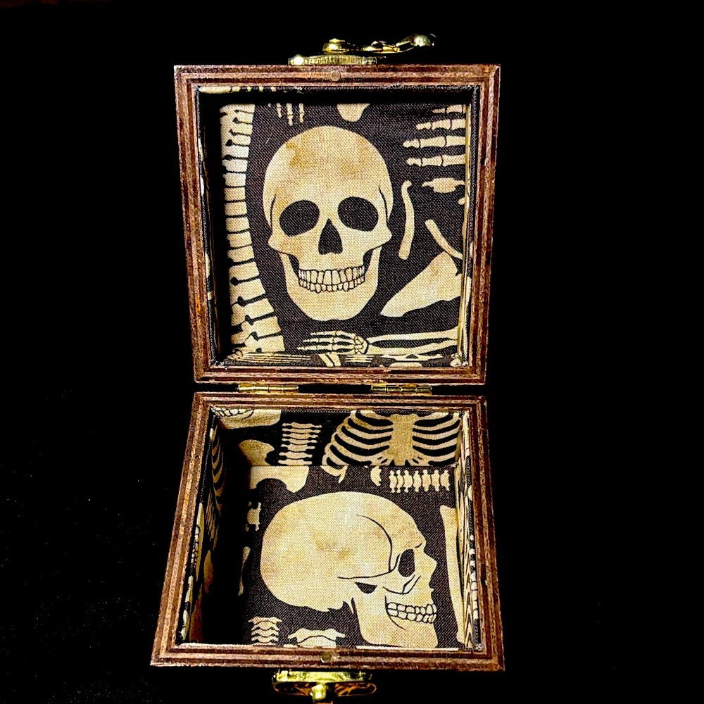 Stained Wooden Jewelry Box with Gold Clasp NWOT Skeleton Bones lined gift box